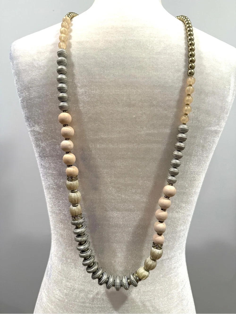 Chico's Long Beaded Necklace in Cream, Beige & Silver